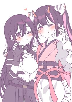 Rule 34 | 2boys, ;p, armor, beniakaya, black eyes, black gloves, black hair, blush, breastplate, cho kaguya-hime!, closed mouth, crossdressing, crossdressing (mtf), fingerless gloves, fingernails, frilled kimono, frills, gloves, hair between eyes, heart, highres, japanese clothes, kimono, kirito, kirito (sao-ggo), komazawa noi, long hair, looking at viewer, male focus, multicolored hair, multiple boys, official alternate costume, one eye closed, pink eyes, pink hair, pink kimono, pink nails, pink streaks, smile, streaked hair, sword art online, tongue, tongue out, trap, twintails, white background