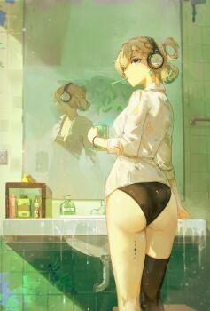 1girl absurdres ass bathroom black_panties black_thighhighs blonde_hair blue_eyes breasts commentary cup dudrinm earrings english_commentary from_behind hair_ornament hair_up headphones highres holding holding_cup indoors jewelry looking_at_breasts looking_at_viewer lynae_(wuthering_waves) medium_breasts multicolored_hair no_pants panties reflection revision shirt single_thighhigh skull_hair_ornament solo star_(symbol) star_earrings streaked_hair tacet_mark_(wuthering_waves) thighhighs thighs toothbrush toothbrush_in_mouth underwear white_shirt wuthering_waves