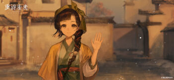Rule 34 | 1girl, architecture, black hair, blurry, blurry background, brown eyes, chinese clothes, closed mouth, copyright name, copyright notice, depth of field, east asian architecture, evening, green hanfu, green headscarf, hair ornament, hand up, hanfu, headscarf, highres, jacket, logo, long braid, long hair, looking at viewer, mayfly (reverse:1999), official art, official wallpaper, outdoors, pom pom (clothes), pom pom hair ornament, reverse:1999, smile, solo, upper body, waving, yellow jacket