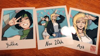 2girls absurdres aya_brea black_hair black_jacket black_sleeves blonde_hair blue_eyes blue_pants breasts brown_eyes cowboy_shot crop_top dated denim detached_sleeves final_fantasy final_fantasy_vii fumezu1 green_headband green_shirt grey_shorts grin hand_in_pocket happy_birthday headband highres jacket jeans medium_breasts midriff multiple_girls one_eye_closed open_mouth pants parasite_eve_(series) pennant polaroid_photo shirt shorts single_bare_shoulder sleeveless sleeveless_turtleneck smile teeth tongue tongue_out trait_connection turtleneck v white_shirt yuffie_kisaragi