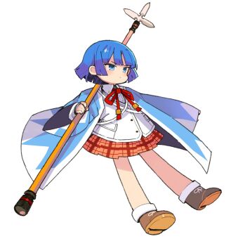 1girl blue_eyes blue_hair blue_haori blunt_ends blush boots brown_boots closed_mouth commentary_request frown full_body fur-trimmed_boots fur_trim gyousatsu_shinsengumi haori harada_sano_(gyousatsu_shinsengumi) highres holding holding_polearm holding_weapon jacket japanese_clothes juumonji_yari long_sleeves looking_ahead mota neck_ribbon orange_skirt over_shoulder plaid_clothes plaid_skirt pleated_skirt polearm red_ribbon ribbon serious short_hair simple_background skirt solo spear v-shaped_eyebrows weapon weapon_over_shoulder white_background white_jacket yari