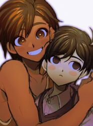 2boys absurdres black_eyes black_hair black_sweater_vest blush_stickers brown_eyes brown_hair closed_mouth collarbone collared_shirt dark-skinned_male dark_skin dimples grin highres hug kel_(faraway)_(omori) kel_(omori) looking_at_viewer multiple_boys omori parted_lips shirt short_hair smile sunny_(omori) sweater_vest tank_top teeth thxzmgn toned toned_male white_shirt