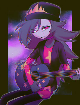 1girl absurdres bass_guitar beanie black_border black_hat black_jacket black_pantyhose border choker chromatic_aberration closed_mouth commentary_request crying crying_with_eyes_open eyeshadow feet_out_of_frame fewer_digits film_grain flipped_hair furry furry_female grey_hair guitar hair_between_eyes hat hellaverse helluva_boss highres holding holding_bass_guitar holding_instrument instrument invisible_chair jacket layered_sleeves light_particles long_hair long_sleeves makeup menma_(enaic31) music octavia_(helluva_boss) open_clothes open_jacket outline outside_border owl_girl pantyhose pink_choker pink_shirt playing_bass_guitar playing_guitar playing_instrument purple_background purple_eyeshadow sad shirt short-sleeved_jacket short_over_long_sleeves short_sleeves signature simple_background sitting skinny solo star_(symbol) star_print tears very_long_hair watermark white_outline