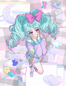 Rule 34 | 1girl, aqua hair, artist name, blush, boots, bow, commentary request, curly hair, cursor, envelope, from above, grin, hair bow, hands on own cheeks, hands on own face, heart, heart sticker, highres, hood, hoodie, idol land pripara, iseo 12, katasumi amari, knee up, korean commentary, long hair, looking at viewer, multicolored skirt, outline, pink bow, pink eyes, pink outline, pretty series, pripara, purple boots, purple hoodie, rainbow skirt, skirt, smile, solo, standing, standing on one leg, sticker, twintails, umbrella sticker, watermark, web address, window (computing)