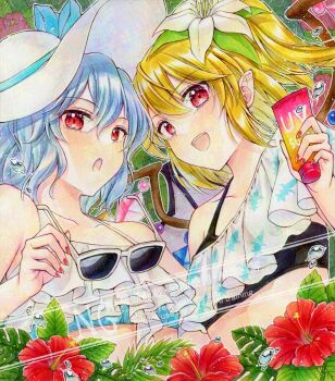 Rule 34 | 2girls, alternate costume, alternate headwear, alto2019, bat wings, bikini, blonde hair, blue hair, blush, collarbone, commentary request, crystal, crystal wings, flandre scarlet, flandre scarlet (vampire's sister prepared for splashes and sunlight), flower, flower request, hair flower, hair ornament, hat, highres, holding, holding removed eyewear, holding sunscreen, leaf, looking at viewer, lotion, multicolored wings, multiple girls, one side up, open mouth, pointy ears, red eyes, red flower, red nails, remilia scarlet, remilia scarlet (vampire prepared for splashes and sunlight), sample watermark, siblings, signature, sisters, smile, sun hat, sunglasses, sunscreen, swimsuit, touhou, touhou lostword, unworn eyewear, water drop, watermark, watermark grid, white-framed eyewear, white bikini, white flower, white hat, wings
