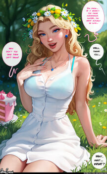 1girl absurdres aroma_sensei bare_shoulders blonde_hair blue_bra blue_eyes blush body_freckles bra breasts buttons cake cleavage collarbone daisy_(flower) earrings english_text eyeshadow flower food freckles haley_(stardew_valley) head_wreath highres jewelry large_breasts lips long_hair makeup necklace outdoors see-through_clothes sideboob skirt smile solo stardew_valley underwear wavy_hair