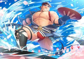 1boy abs artist_name bara black_hair blue_eyes blue_gloves bulge cherry_blossoms chest_hair cup facial_hair falling_petals fingerless_gloves forked_eyebrows from_below fundoshi gammei_(live_a_hero) gloves grin happi holding holding_cup hydrokinesis japanese_clothes jewelry large_pectorals live_a_hero looking_at_viewer male_focus masa_(mshk_s) mature_male muscular muscular_male necklace nejiri_hachimaki nipples off_shoulder official_alternate_costume on_one_knee pectorals petals ponytail red_fundoshi sakazuki short_hair short_ponytail sideburns smile solo stubble tabi thick_eyebrows thick_thighs thighs undercut waraji water