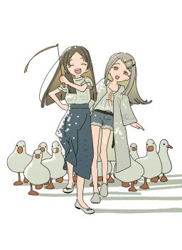 2girls :d absurdres belt bird black_belt blue_shorts blue_skirt blunt_ends brown_hair camisole closed_eyes collarbone commentary_request dismal_poop duck facing_viewer flipped_hair full_body gakuen_idolmaster grey_hair grey_robe hair_ornament hairclip hand_on_own_hip hand_up high-waist_skirt highres holding holding_baton idolmaster long_hair long_skirt looking_at_viewer marching marching_band_baton multiple_girls open_clothes open_mouth open_robe orange_eyes parallel_hairclips parted_bangs robe shadow shinosawa_hiro shirt shoes short_sleeves shorts sidelighting skirt smile white_background white_camisole white_shirt white_shoes