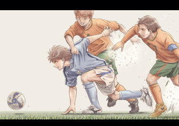 Rule 34 | 3boys, ball, brown hair, clothes grab, copyright request, grass, highres, kneehighs, long sleeves, multiple boys, otto (otto52coffee), running, shirt grab, shoes, short hair, short sleeves, shorts, sneakers, soccer, soccer ball, soccer uniform, socks, sportswear