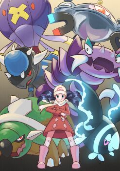 1girl absurdres beanie black_hair blue_eyes boots chankirankachan commentary_request dawn_(pokemon) drapion dress drifblim fangs floating_hair gen_4_pokemon glowing hat highres holding holding_poke_ball legs_apart long_sleeves lumineon magnet magnezone nintendo open_mouth pink_boots pink_dress pink_eyes poke_ball poke_ball_(basic) pokemon pokemon_(creature) pokemon_dppt pokemon_platinum pokemon_team rampardos red_eyes skin_fangs socks spikes standing torterra white_hat white_socks