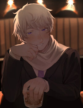 1boy alcohol artist_name axis_powers_hetalia black_jacket blonde_hair blurry blurry_background blush commentary cup drinking_glass formal_clothes hair_between_eyes half-closed_eyes hand_on_own_face hand_up harutoro_39487 highres holding holding_cup ice ice_cube indoors jacket lapels looking_at_viewer male_focus necktie purple_eyes purple_necktie russia_(hetalia) scarf shirt short_hair sitting smile solo stage_lights suit suit_jacket symbol-only_commentary teeth whiskey white_scarf white_shirt