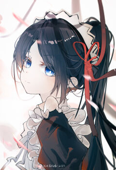 1girl absurdres apron aris_(blue_archive) aris_(maid)_(blue_archive) artist_name bilibili_username black_dress black_hair blue_archive blue_eyes bright_pupils chinese_commentary closed_mouth commentary_request dress falling_petals frilled_apron frills from_side highres long_hair looking_at_viewer looking_to_the_side maid maid_apron maid_headdress neck_ribbon no_halo nuonuolanmenji official_alternate_costume official_alternate_hairstyle parted_bangs petals ponytail puffy_sleeves red_ribbon ribbon smile solo split_mouth upper_body white_apron white_background white_pupils white_ribbon