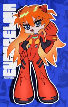Rule 34 | 1girl, abstract background, absurdres, blue background, blue eyes, bodysuit, chibi, chibi only, full body, hand on own hip, hedprotag, highres, interface headset (evangelion), lower teeth only, mecha pilot suit, neon genesis evangelion, orange hair, outline, panty &amp; stocking with garterbelt (style), plugsuit (evangelion), red bodysuit, solo, souryuu asuka langley, teeth, thick outlines, v-shaped eyebrows, vertical text, white outline