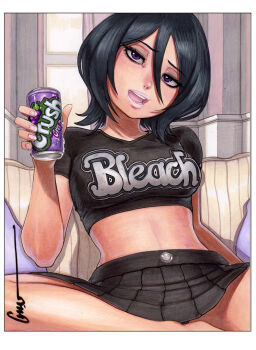1girl artist_name black_hair black_shirt black_skirt bleach border breasts can chair commentary copyright_name crop_top cropped_shirt drink_can english_commentary holding holding_can indian_style indoors kuchiki_rukia lips looking_at_viewer medium_breasts navel omar_dogan open_mouth parted_lips pillow pink_nails pleated_skirt print_shirt purple_eyes shirt short_hair short_sleeves sitting skirt soda_can solo v-neck white_border window