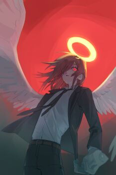 1boy angel angel_devil_(chainsaw_man) angel_wings arm_at_side belt belted_pants black_jacket black_necktie black_pants black_suit brown_belt chainsaw_man cowboy_shot floating_hair foreshortening formal_clothes from_below glowing glowing_eye glowing_halo hair_over_one_eye halo highres hpop_3 jacket korean_commentary lapels long_hair long_sleeves looking_at_viewer looking_down male_focus necktie notched_lapels open_clothes open_jacket orange_hair overlighting pants parted_lips reaching reaching_towards_viewer red_background red_eyes red_sky shirt sidelocks sitting sky solo spread_wings standing suit suit_jacket sway_back trap two-tone_background white_shirt white_wings wind wing_collar wings yellow_halo