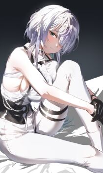 1girl backless_shirt bare_shoulders black_corset black_gloves blue_eyes breasts brid_(nikke) brid_(silent_track)_(nikke) button_gap chest_harness closed_mouth collared_shirt commentary corset gloves goddess_of_victory:_nikke grey_hair hair_between_eyes hair_down hair_over_one_eye harness highres knee_up kuu_(user_gngs5284) large_breasts long_hair looking_at_viewer official_alternate_costume official_alternate_hairstyle on_bed pants shadow shirt sideboob sideless_shirt sidelocks sitting sleeveless sleeveless_shirt solo thigh_strap tight_clothes tight_pants white_pants white_shirt