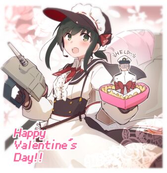 Rule 34 | 1boy, 1girl, adapted turret, admiral (kancolle), black hair, bound, box, brown sailor collar, clothing request, commentary request, dress, floral background, frilled dress, frilled headwear, frills, fubuki (kancolle), green eyes, happy valentine, heart-shaped box, highres, kantai collection, long sleeves, ma rukan, ponytail, puffy sleeves, red ribbon, ribbon, sailor collar, ship turret, short ponytail, tied up (nonsexual), valentine