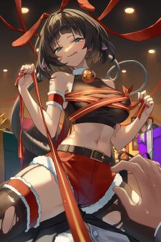 1boy 1girl absurdres animal_ears armband bell black_hair black_thighhighs box breasts ceiling_light commentary crop_top english_commentary eous_(zenless_zone_zero) gift gift_box girl_on_top green_eyes hetero highres indoors jane_doe_(zenless_zone_zero) kimae large_breasts licking_lips midriff mouse_ears mouse_tail navel neck_bell painting_(object) pantyhose red_armband red_ribbon red_shorts ribbon shirt short_hair shorts single_leg_pantyhose single_thighhigh tail thighhighs thighs tongue tongue_out torn_clothes torn_pantyhose torn_thighhighs white_shirt zenless_zone_zero