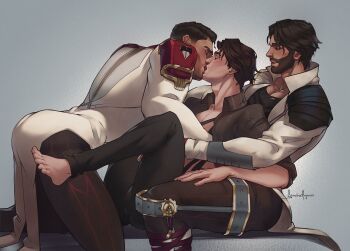 arcane:_league_of_legends arcane_jayce arcane_survivor_jayce arched_back arm_on_another's_leg bare_pectorals barefoot beard black_pants black_shirt brown_hair brown_pants brown_shirt closed_eyes closed_mouth coat collared_coat collared_shirt commentary dark-skinned_male dark_skin dual_persona english_commentary facial_hair feet_out_of_frame grey_background highres jayce_(league_of_legends) kiss kneeling league_of_legends leaning_forward leg_brace legs_up looking_at_another male_focus open_clothes open_coat open_shirt pants pectorals popped_collar semainsargevan shirt simple_background sitting sleeves_rolled_up twitter_username viktor_(arcane) viktor_(league_of_legends) white_coat yaoi