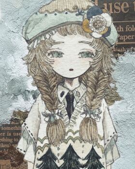 1girl acrylic_paint_(medium) animal_ears beret black_necktie blunt_bangs blush braid brown_hair collar collared_shirt commentary dress english_text expressionless flower frilled_collar frills green_eyes hair_flower hair_ornament hair_ribbon half-closed_eyes hat highres karintoun long_hair long_sleeves looking_at_viewer mouse_ears necktie original painting_(medium) pale_skin paper pine_tree_print ribbon shirt sidelocks signature simple_background solo standing straight-on traditional_media tree_print twin_braids upper_body watercolor_(medium) white_dress wide_sleeves