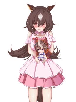 1girl animal_ears blush bow bowtie breasts brown_hair character_doll clothing_cutout commentary doll ear_ornament hair_between_eyes highres holding holding_doll horse_ears horse_girl horse_tail jewelry large_breasts layered_skirt long_hair meni_shuki_rush-sshu! multicolored_hair parted_lips pink_shirt pink_skirt pleated_skirt purple_bow purple_bowtie purple_eyes purple_shirt red_eyes sailor_collar sailor_shirt sakaki_yana school_uniform shirt shoulder_cutout simple_background sirius_symboli_(umamusume) skirt smile streaked_hair symbol-only_commentary symboli_rudolf_(umamusume) tail thighhighs tracen_school_uniform umamusume white_background white_hair white_sailor_collar white_skirt white_thighhighs