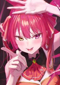 Rule 34 | 1girl, absurdres, against fourth wall, blush, cropped jacket, fingernails, gold trim, hand up, hashtag-only commentary, heterochromia, highres, hololive, houshou marine, houshou marine (1st costume), jacket, leotard, leotard under clothes, long hair, looking at viewer, nayuyu1105, no coat, no eyepatch, no headwear, off shoulder, open mouth, pointing, red eyes, red hair, red jacket, smile, solo, twintails, virtual youtuber, yellow eyes