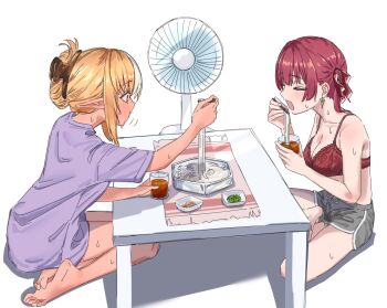 2girls alternate_costume arm_on_table arm_up barefoot blonde_hair blush bra breasts chopped_spring_onion chopsticks cleavage closed_eyes collarbone commentary_request crossed_legs cup dark-skinned_female dark_skin dolphin_shorts drinking_glass earrings eating electric_fan elf fanged_bangs folded_ponytail food full_body full_mouth grey_shorts hair_ornament hair_ribbon hair_up hairclip holding holding_chopsticks holding_cup hololive houshou_marine ice ice_cube jewelry legs_folded long_sidelocks looking_at_food mamezara medium_hair motion_lines multicolored_hair multiple_girls no_shirt noodles on_floor open_mouth orange_eyes oversized_clothes oversized_shirt placemat plate pointy_ears purple_shirt red_bra red_hair red_ribbon ribbon seiza shino_12a shiranui_flare shirt short_hair short_sleeves shorts sidelocks sitting soumen streaked_hair summer sweat table tsuyu_sauce two-tone_hair two_side_up underwear white_background white_streaks white_trim
