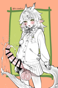 1girl bar_censor blush bow bowtie braid cardigan censored clothes_lift commentary_request cowboy_shot cum ejaculation erection foreskin futanari green_background green_eyes highres horns huge_penis huge_testicles long_hair long_sleeves looking_at_viewer low_twin_braids mirin_chikuwa open_mouth penis phimosis pleated_skirt pointy_ears skirt skirt_lift solo tail testicles twin_braids two-tone_background vrchat