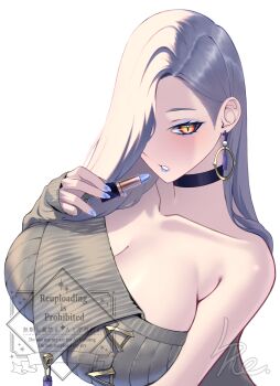 1girl absurdres bare_shoulders blue_eyeshadow blue_lips blue_nails breasts cleavage commentary_request cosmetics dress earrings eyeliner eyeshadow fate/grand_order fate_(series) grey_dress hair_over_one_eye hebi_nyoubou_(fate) highres hoop_earrings jewelry l4st_resort large_breasts lipstick long_hair looking_at_viewer makeup nail_polish off_shoulder parted_lips simple_background solo sweater sweater_dress tassel temporal_hairline upper_body white_background white_hair yellow_eyes