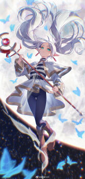 1girl black_pantyhose boots brown_boots bug butterfly capelet commentary_request cozyu earrings elf floating_hair frieren gold_trim green_eyes highres holding holding_staff insect jewelry long_hair mage_staff moon pantyhose pointy_ears shirt skirt sousou_no_frieren space staff striped_clothes striped_shirt teardrop_earrings twintails white_capelet white_skirt