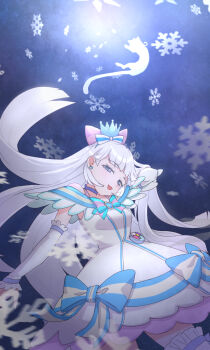 1girl absurdres blue_choker brooch cat choker crown crown_earrings cure_nyammy dress earrings frilled_arm_warmers hair_lift head_tilt heart heart_brooch highres jewelry long_hair looking_at_viewer magical_girl mini_crown nekoyashiki_yuki precure snowflakes thighhighs vanmirror white_arm_warmers white_dress white_hair wonderful_precure!