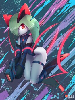 Rule 34 | 1girl, artist name, black gloves, black leotard, boots, colored skin, elbow gloves, gen 3 pokemon, gloves, green hair, gun, hair over one eye, holding, holding gun, holding weapon, horns, kirlia, leotard, looking at viewer, nintendo, no feet, patreon username, pokemon, pokemon (creature), rilex lenov, sidelocks, smile, thigh strap, weapon, white skin
