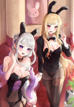 2girls absurdres alternate_costume animal_ear_hairband animal_ears bare_shoulders bell black_bow black_bowtie black_choker black_leotard black_panties black_pantyhose black_shrug blonde_hair blunt_bangs blush bow bowtie braid breasts choker cleavage collar collarbone commentary_request covered_navel crown_braid detached_collar detached_sleeves elf emilia_(re:zero) fake_animal_ears flower hair_flower hair_ornament hair_ribbon hairband hand_up heart high-waist_pantyhose highres indoors justjast kitagawa_marin leotard long_hair long_sleeves looking_at_viewer medium_breasts multiple_girls neck_bell open_mouth panties pantyhose playboy_bunny pointy_ears puck_(re:zero) purple_eyes purple_ribbon purple_sleeves rabbit_ear_hairband rabbit_ears re:zero_kara_hajimeru_isekai_seikatsu red_eyes ribbon shrug_(clothing) signature sono_bisque_doll_wa_koi_wo_suru standing strapless strapless_leotard swept_bangs underwear v white_collar wide_sleeves x_hair_ornament