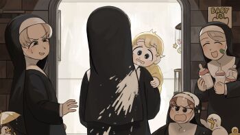 Rule 34 | 5girls, :d, aged down, baby, baby animal, baby bottle, bandaid, bandaid on cheek, bandaid on face, bird, blonde hair, blue eyes, bottle, brown eyes, brown hair, carrying, chicken, clumsy nun (diva), commentary, crib, dirty, dirty clothes, diva (hyxpk), drooling, duck, duckling, english commentary, grey hair, habit, highres, hungry nun (diva), leaf nun (diva), little nuns (diva), milk, multiple girls, nun, open mouth, slice of life, smile, smug nun (diva), strict nun (diva), traditional nun, umbrella, vomit, yellow umbrella