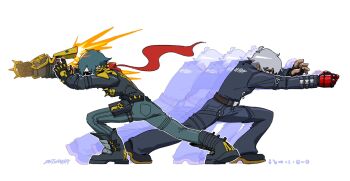 2boys afterimage belt black_footwear black_jacket black_pants blue_hair blue_pants boots command_input commentary crossover dark-skinned_male dark_skin detwang fingerless_gloves from_side gloves grey_hair highres jacket k&#039;_(kof) lighter_(zenless_zone_zero) long_sleeves male_focus multiple_boys pants punching red_scarf scarf signature simple_background spikes sunglasses the_king_of_fighters white_background zenless_zone_zero