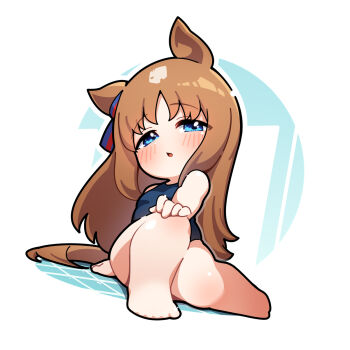1girl animal_ears barefoot blue_eyes blue_one-piece_swimsuit blush brown_hair chibi chibi_only commentary full_body grass_wonder_(umamusume) highres horse_ears horse_girl horse_tail long_hair one-piece_swimsuit open_mouth sitting solo swimsuit tail umamusume warashi