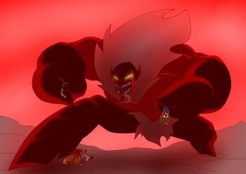 Rule 34 | 1boy, 3girls, absurdres, alternate form, battle, black hair, blonde hair, blossom (ppg), blue dress, bow, bubbles (ppg), buttercup (ppg), colored skin, crab claw, demon, demon boy, dress, facial hair, fog, forked tongue, giant, glowing, glowing eyes, goatee, green dress, green eyes, hair bow, hair slicked back, highres, him (powerpuff girls), lifting person, long hair, multiple girls, muscular, muscular male, nightchaotic, open mouth, orange hair, pink dress, pink fur, pointy ears, powerpuff girls, red background, red bow, red skin, sharp teeth, short hair, teeth, tongue, tongue out, topless male, twintails, widow's peak