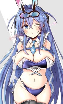 1girl artist_name azur_lane blue_eyes blue_hair blue_necktie blue_panties blue_shrug blush breasts cleavage crossed_bangs hair_intakes heart large_breasts long_hair looking_at_viewer necktie new_jersey_(azur_lane) new_jersey_(black_blur_prelude)_(azur_lane) official_alternate_costume one_eye_closed panties parted_lips race_queen shrug_(clothing) ska56756 solo twitter_username underwear very_long_hair