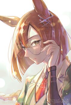 Rule 34 | 1girl, animal ears, braid, braided ponytail, brown hair, closed mouth, coat, collared shirt, commentary request, ear ornament, glasses, green coat, green jacket, grey-framed eyewear, highres, horse ears, horse girl, ikuno dictus (mantle of steel) (umamusume), ikuno dictus (umamusume), jacket, long hair, long sleeves, looking at viewer, multicolored hair, necktie, red necktie, round eyewear, shirt, solo, umamusume, upper body, vest, white shirt, white vest, y kuroki
