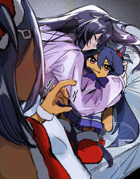 2girls absurdres animal_ears bandaid bandaid_on_face bandaid_on_nose bed black_hair blush breasts character_doll closed_eyes closed_mouth commentary_request dark-skinned_female dark_skin doll dress fur-trimmed_dress fur-trimmed_headwear fur_trim hair_between_eyes hair_ornament hairclip hat highres hishi_amazon_(umamusume) horse_ears horse_girl hugging_doll hugging_object long_hair long_sleeves lying multiple_girls naegi_happy narita_brian_(umamusume) pajamas purple_pajamas red_dress red_hat santa_costume santa_dress shirt sleeping umamusume