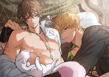 2boys abs animal bare_pectorals bed bite_mark black_gloves black_shirt blonde_hair brown_eyes brown_hair closed_mouth collared_shirt couple crystal crystal_necklace eiden_(nu_carnival) ermine fingerless_gloves gloves hair_between_eyes hand_on_another's_shoulder hickey highres indoors jewelry looking_at_animal looking_at_another lying male_focus messy_hair miyamoyan multiple_boys muscular muscular_male necklace nipples nu_carnival off_shoulder on_back on_bed on_side open_clothes open_shirt pectorals pillow quincy_(nu_carnival) red_eyes shirt short_hair single_bare_shoulder sleepy smile topper_(nu_carnival) weasel white_shirt yaoi