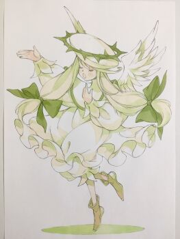 1girl arm_up blonde_hair bloomers bow brown_shoes closed_eyes commentary_request crown_of_thorns dress en_pointe feathered_wings frilled_dress frills green_bow guimpe hair_bow hand_up hat highres long_hair low-tied_long_hair music open_mouth original peter_salt shoes singing solo standing traditional_media underwear very_long_hair white_background white_bloomers white_dress white_hat white_wings wings