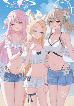 3girls animal_ears bikini bikini_bottom_under_shorts bikini_under_clothes blonde_hair blue_archive blue_sky breasts brown_eyes brown_hair cleavage commentary_request denim denim_shorts flower fox_ears fox_girl hair_flower hair_ornament halo highres kurumi_lm large_breasts long_hair medium_hair mika_(blue_archive) multiple_girls nagisa_(blue_archive) navel outdoors paid_reward_available pink_hair pink_halo seia_(blue_archive) shorts sky small_breasts smile stomach swimsuit tea_party_(blue_archive) thighs very_long_hair white_bikini white_halo white_shorts yellow_eyes yellow_halo