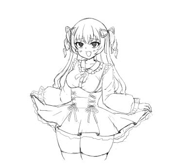 Rule 34 | 1girl, :d, assault lily, blush, bow, bowtie, breasts, commentary, cowboy shot, cropped legs, cross-laced clothes, cross-laced skirt, drill hair, fang, frilled shirt, frilled shirt collar, frilled sleeves, frills, greyscale, hands up, high-waist skirt, highres, long hair, looking at viewer, medium breasts, monochrome, open mouth, raised eyebrows, ribbon, shirt, simple background, skin fang, skirt, skirt hold, smile, solo, standing, suspender skirt, suspenders, thick thighs, thighhighs, thighs, twin drills, two side up, unu (yayoinoasagohan), white background, yokota haruna, zettai ryouiki