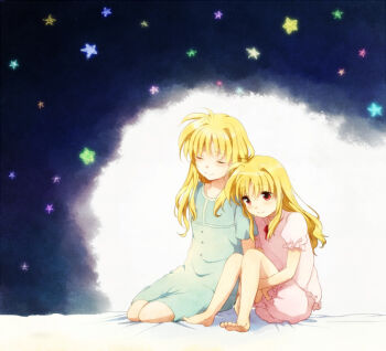 Rule 34 | 2girls, alicia testarossa, barefoot, bed, blonde hair, fate testarossa, hair down, hair undone, long hair, lyrical nanoha, mahou shoujo lyrical nanoha, mahou shoujo lyrical nanoha a's, multiple girls, na770, pajamas, red eyes, siblings, side-by-side, sisters, sitting, smile, star (symbol), takana (nanao)