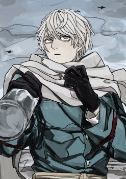 Rule 34 | 1boy, alcohol, axis powers hetalia, belt, black gloves, bottle, buttons, gloves, green jacket, hair between eyes, half-closed eyes, hands up, highres, holding, holding bottle, jacket, kiguchi05, long sleeves, looking up, lying, male focus, military, military jacket, military uniform, on back, open mouth, outdoors, purple eyes, russia (hetalia), scarf, short hair, snow, solo, soviet army, vodka, white hair, white scarf, winter, yellow belt