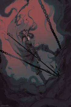 Rule 34 | 1boy, absurdres, arm guards, armor, baggy pants, black hair, black robe, boots, chain, clenched hand, commentary, english commentary, faceless, from side, full body, highres, holding, holding polearm, holding weapon, knee up, logicsterrr, long hair, male focus, pants, polearm, ponytail, robe, serious, shadow slave, shoulder armor, smoke, solo, standing, sunny (shadow slave), weapon