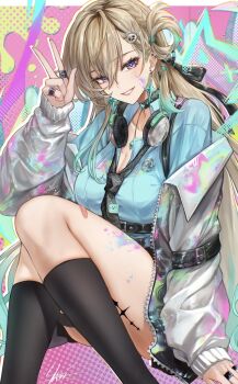1girl absurdres alternate_costume black_choker black_necktie black_ribbon black_socks blonde_hair blue_shirt breasts choker cleavage colorful_background commentary_request earrings fingernails graffiti hair_between_eyes hair_ornament hand_up headphones headphones_around_neck highres jacket jewelry knees_up long_hair looking_at_viewer lynae_(wuthering_waves) medium_breasts necklace necktie off_shoulder purple_eyes ribbon shirt signature sitting skull_hair_ornament smile socks solo star_(symbol) star_earrings tacet_mark_(wuthering_waves) w white_jacket wuthering_waves yoru_shiki
