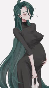 1girl alternate_breast_size_(larger) alternate_costume alternate_hairstyle bag black_dress breasts chain chain_necklace closed_eyes covered_erect_nipples cowboy_shot dress earrings female_focus furrowed_brow gold_necklace green_hair grocery_bag hair_down hair_over_one_eye hand_on_own_stomach highres holding holding_bag jewelry large_breasts light_blush long_hair mtkpasta necklace nintendo pokemon pokemon_scarlet_and_violet pregnant rika_(pokemon) shopping_bag simple_background solo solo_focus standing three-quarter_sleeves triangle_earrings very_long_hair white_background