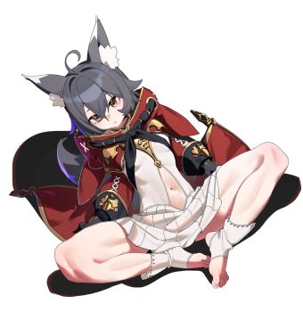 1girl ahoge animal_ear_fluff animal_ears black_hair breasts brown_eyes cloak commentary_request commission expressionless full_body hair_between_eyes highres houkago_shounen looking_at_viewer medium_hair navel open_mouth original red_cloak second-party_source shadow simple_background sitting skirt small_breasts solo stirrup_footwear tail toes white_background white_skirt wolf_ears wolf_girl wolf_tail